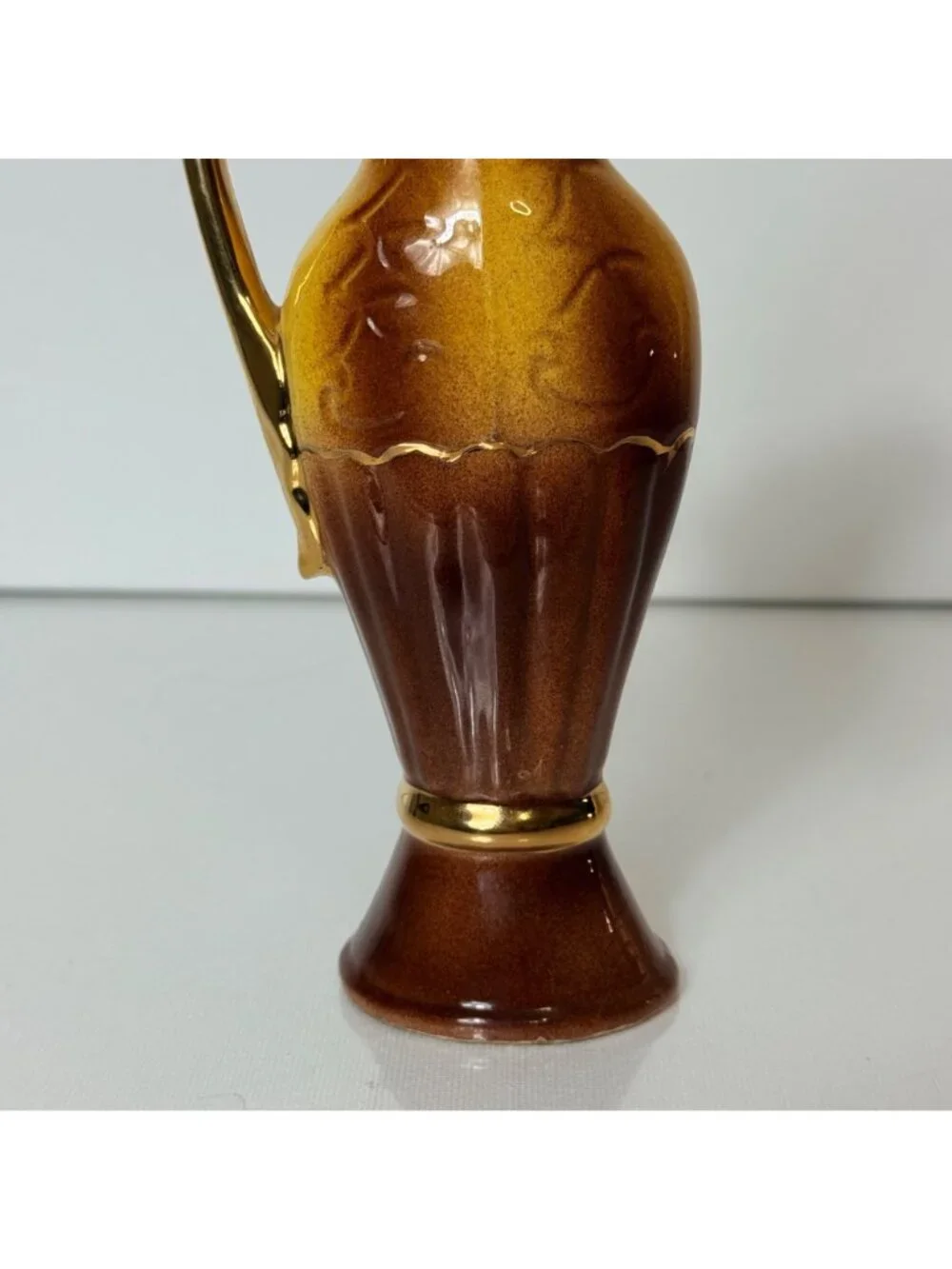 Vintage Mini Bud Vase 23K Gold Ceramic Ewer Pitcher Brown Amber Floral